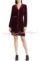 Solid Color Velvet Long-sleeved V-neck Lace-up Mini Dress