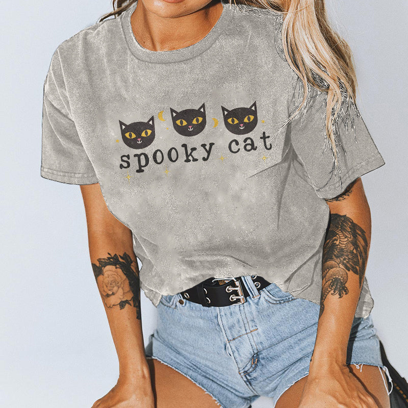 Spooky Cat Print Short Sleeve T-Shirt