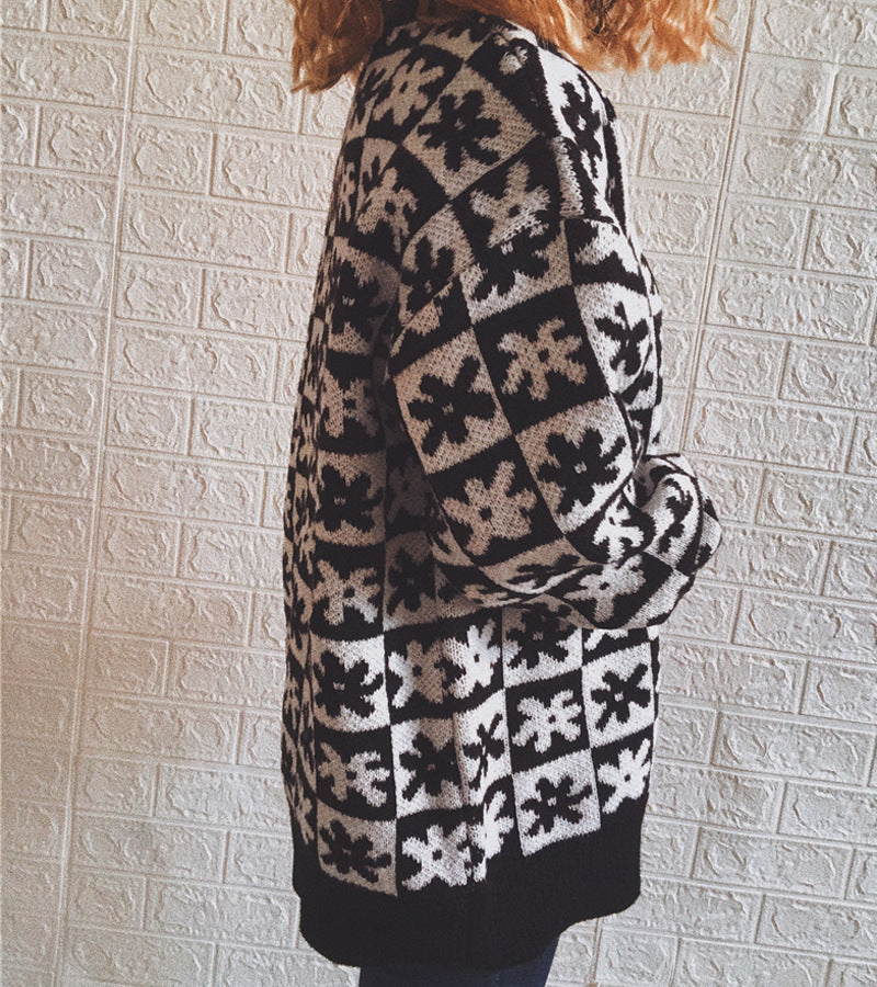 Casual Floral Plaid Round Collar Long Sleeve Loose Knit Sweater