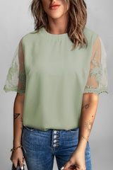 Women's Chic Green Lace Short Sleeve Top