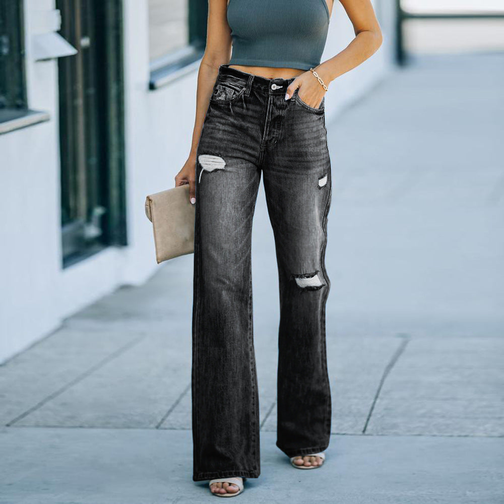 Women's Casual temperament ripped denim wide-leg pants