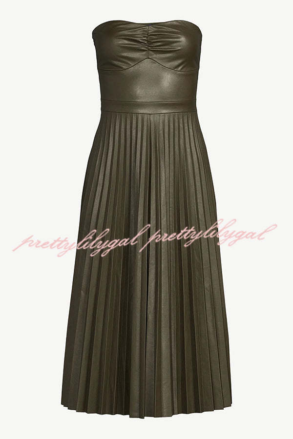 My Juliet Faux Leather Off Shoulder Strapless Pleated Stretch Midi Dress
