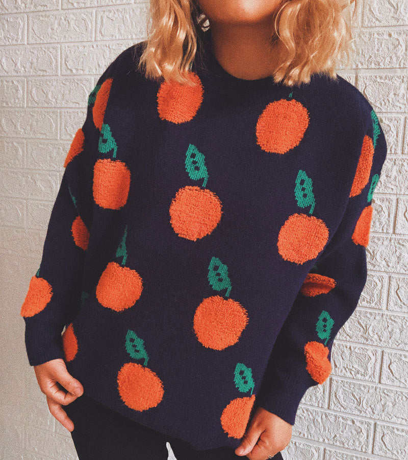 Orange Jacquard Casual Round Neck Sweater