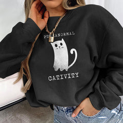 Long Sleeve Ghost Cat Print Sweatshirt