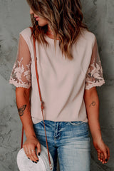 Women's Chic Apricot Lace Short Sleeve Top