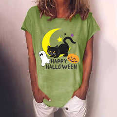 Halloween Cat Print Casual Crewneck T-Shirt
