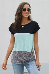Women's Casual Green Color Block Twist Short Sleeve Tee