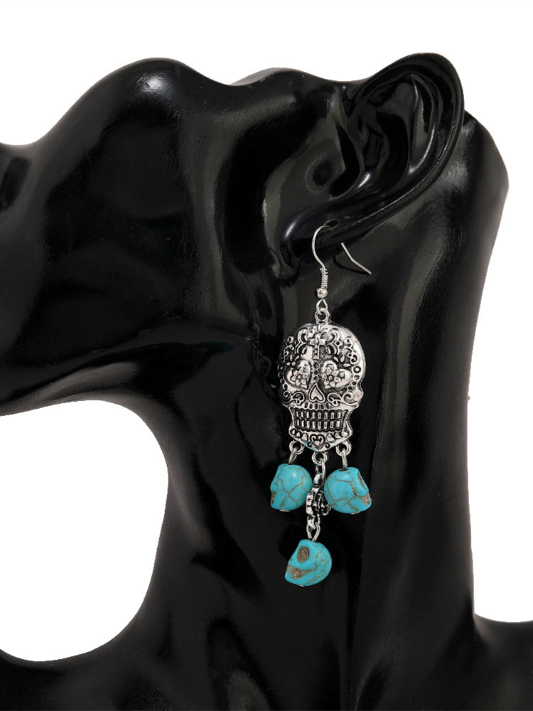 Sugar Skull Carved Turquoise Pendant Earrings