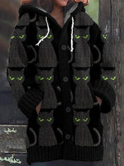 Balck Cat Pattern Cozy Hooded Knit Sweater