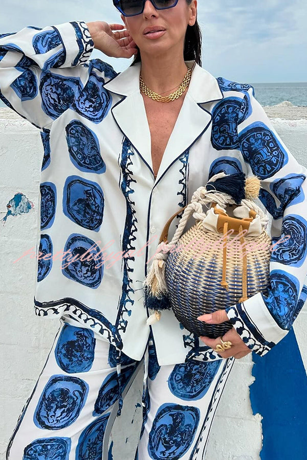 Love The Deep Sea Unique Print Long Sleeve Loose Shirt and Elastic Waist Pants Set