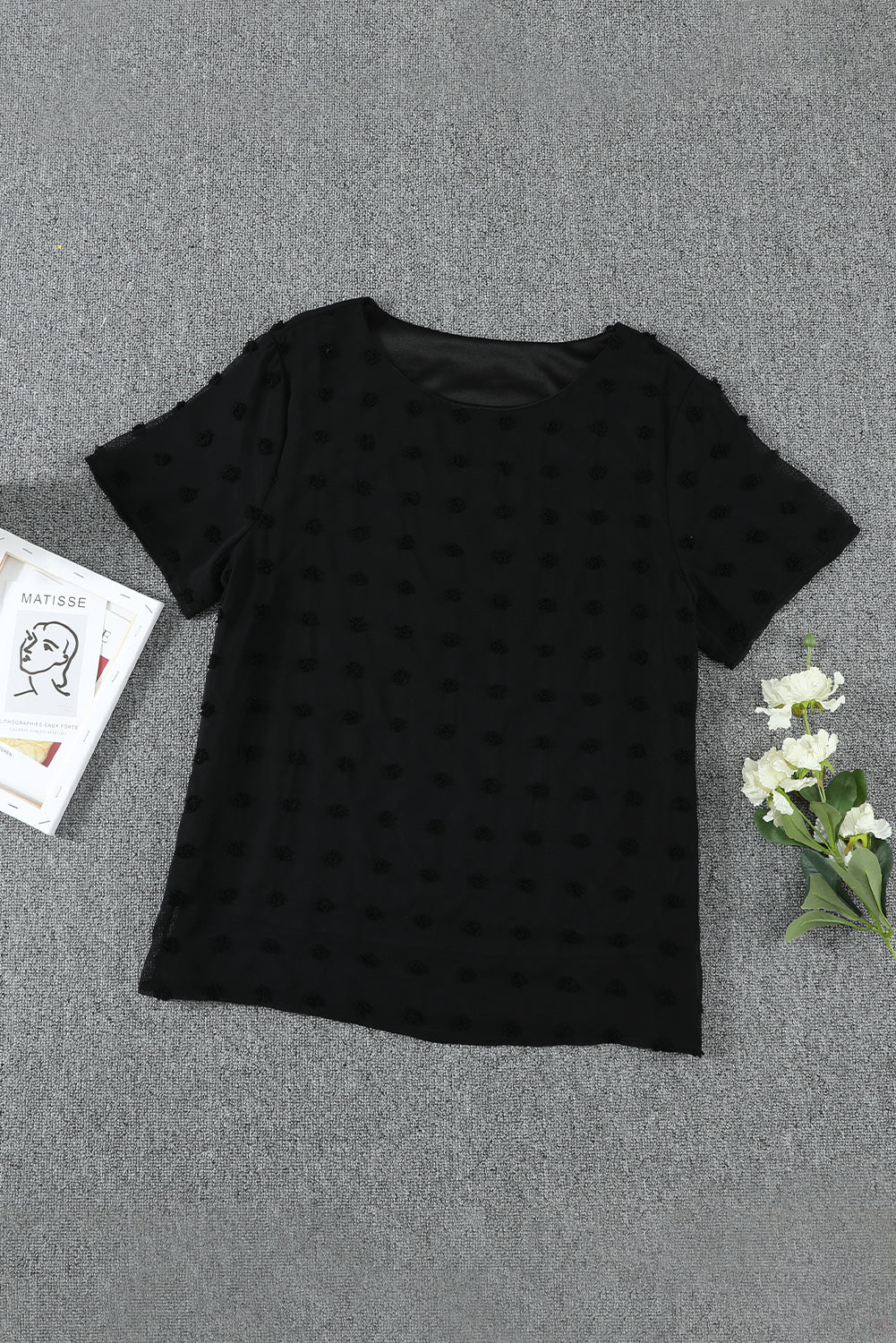 Women's Casual Black Swiss Dot Texture Short Sleeve Top