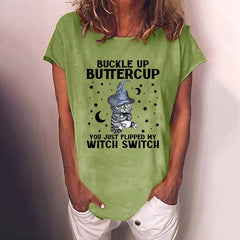 Halloween Cat Print Short Sleeve Casual T-Shirt