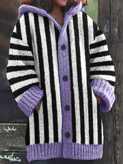 Halloween Horror Movie Inspired Striped Cozy Knit Hooded Cardigan